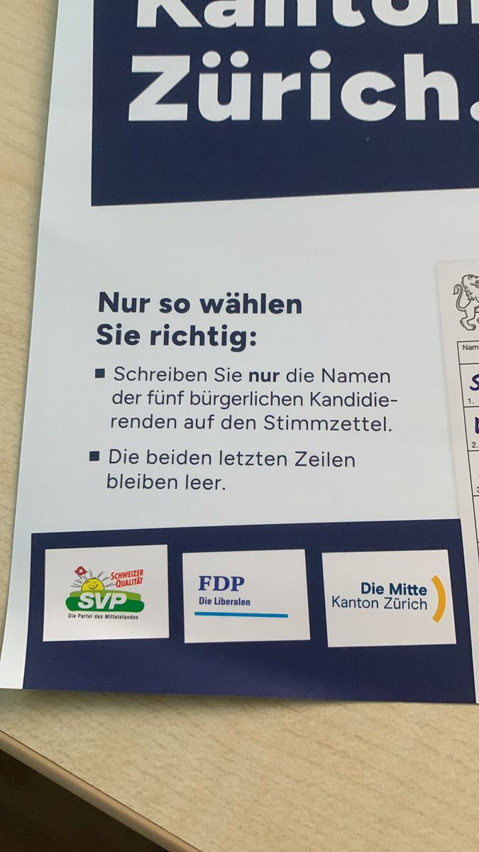 „Nur so wählen Sie richtig:“
Empfinde nur ich das als Bevormundung von mir als freie Stimmberechtigte?
<a href="/svpzh/">SVP Kanton Zürich</a> <a href="/fdp_zh/">FDP Kanton Zürich</a> <a href="/DieMitte_ZH/">Die Mitte Kt. Zürich</a> ?

Auf meinem ‚richtigen‘ Wahlzettel steht auf jeden Fall <a href="/BennoScherrer/">Benno Scherrer</a> <a href="/glpzh/">Grünliberale Kanton Zürich</a> (und noch ein paar weitere Namen)