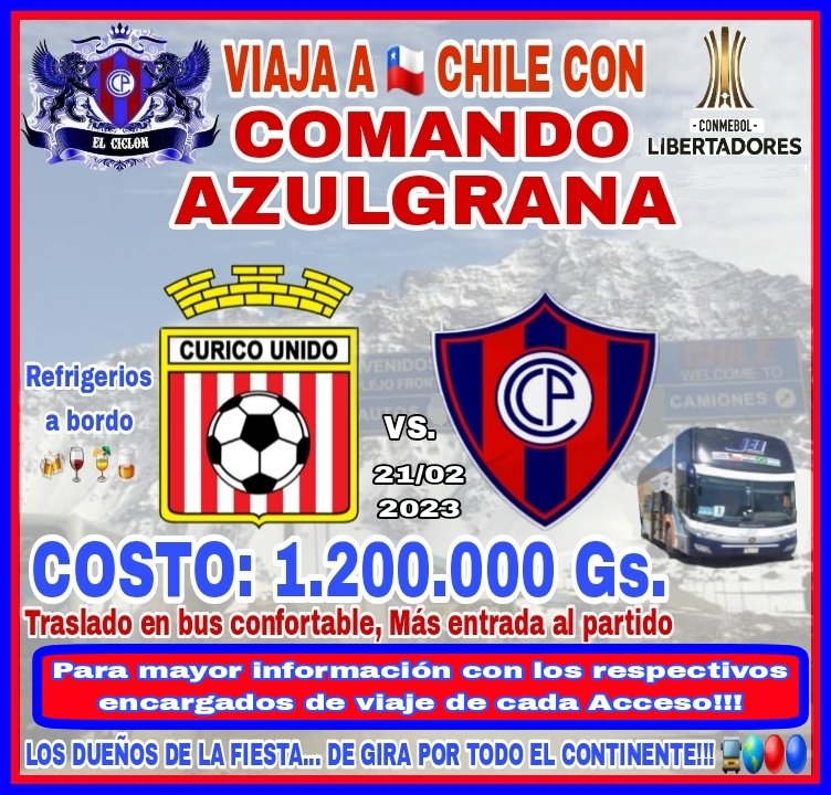 Se batalla una vez más por CERRO PORTEÑO!!!
COMANDO AZULGRANA de gira por todo el continente!!! 🇨🇱🚍🔵🔴
Para mayor información📲 con los respectivos encargados de viaje de cada Acceso, Murga y Bandera!!!
<a href="/NERYNSA1912/">NERY JARA</a> 
<a href="/FeFerreira23/">Federico Ferreira 🇵🇾</a> 
<a href="/chapa_Q/">NO SOY SHO ES ESHA</a> 
<a href="/RodrigoRivG/">Rodrigo Riveros</a>