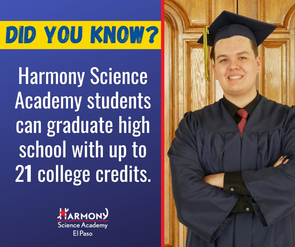 Did you know... Harmony Science Academy students can graduate high school with up to 21 college credits.  HSA offers 7 Dual Credit classes, 2 through the U.T. Austin OnRamps program and 5 through EPCC, in which students earn both high school and college credits.