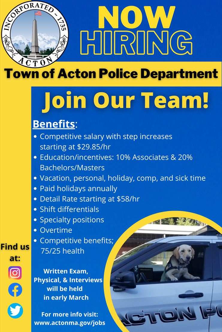Are you or someone you know interested in a career in law enforcement?  The Acton Police Department is hiring Police Officers! To apply, please send a cover letter and resume to jobs@actonma.gov.  Applications can be found at buff.ly/2ME6YZs.