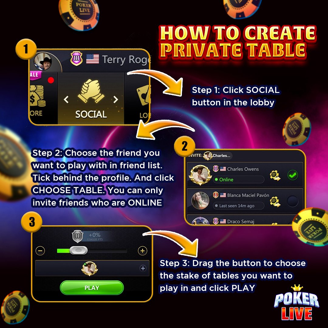 PokerLiveGameO1's tweet photo. 🧐 How to create a private table! 

1) Click SOCIAL button
2) Choose the friend you want to play with in friend list. Click CHOOSE TABLE. You can invite only friends that are ONLINE
3) Drag the button to choose the stake you want to play in and click PLAY https://t.co/nxcReWDfkQ