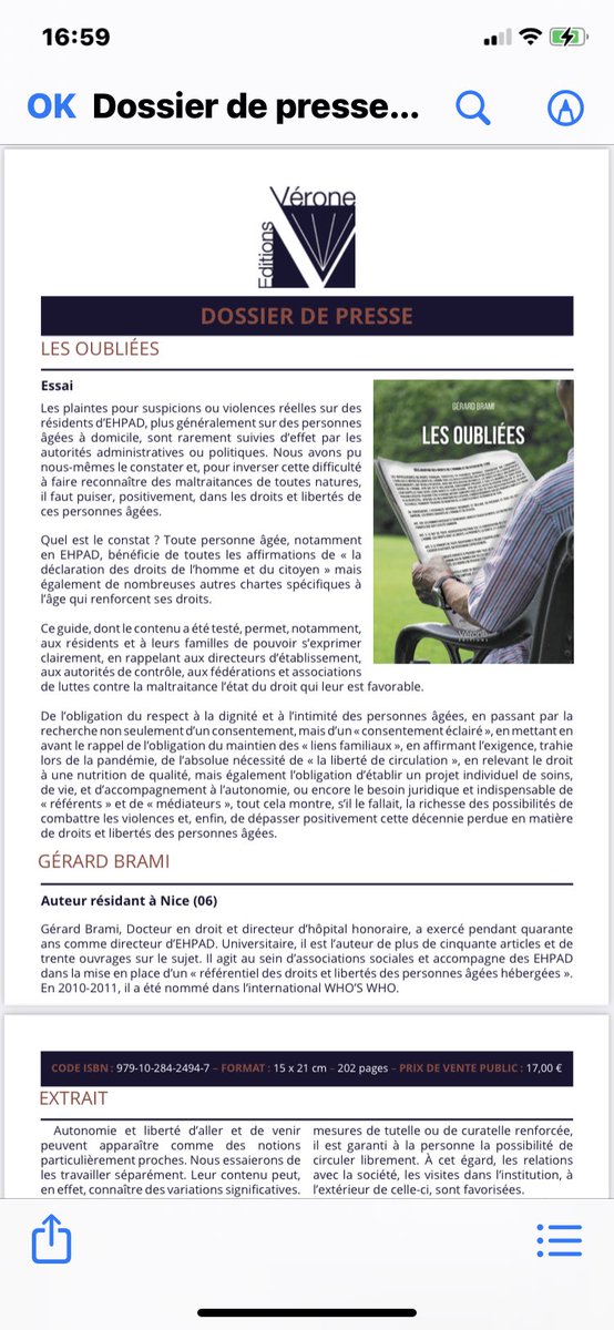 Bonjour, j’ai le très grand plaisir de vous annoncer la parution de mon nouvel ouvrage.
En voici le dossier de presse. Une aide utile pour toujours plus de libertés  et de droits pour nos  personnes âgées et très âgées. Bien cordialement.