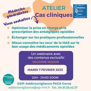 aphm_actu's tweet photo. #ProjetPOP #webinaire Atelier antalgiques opioïdes en médecine générale mardi 7 février 2023 par Zoom de 20h à 21h30. Contenus exclusifs pour les médecins généralistes en #PACA #opioïdes @micallef_joelle
Pour vous inscrire : https://t.co/ZOMjcoK2Gm https://t.co/Uvj95harVT