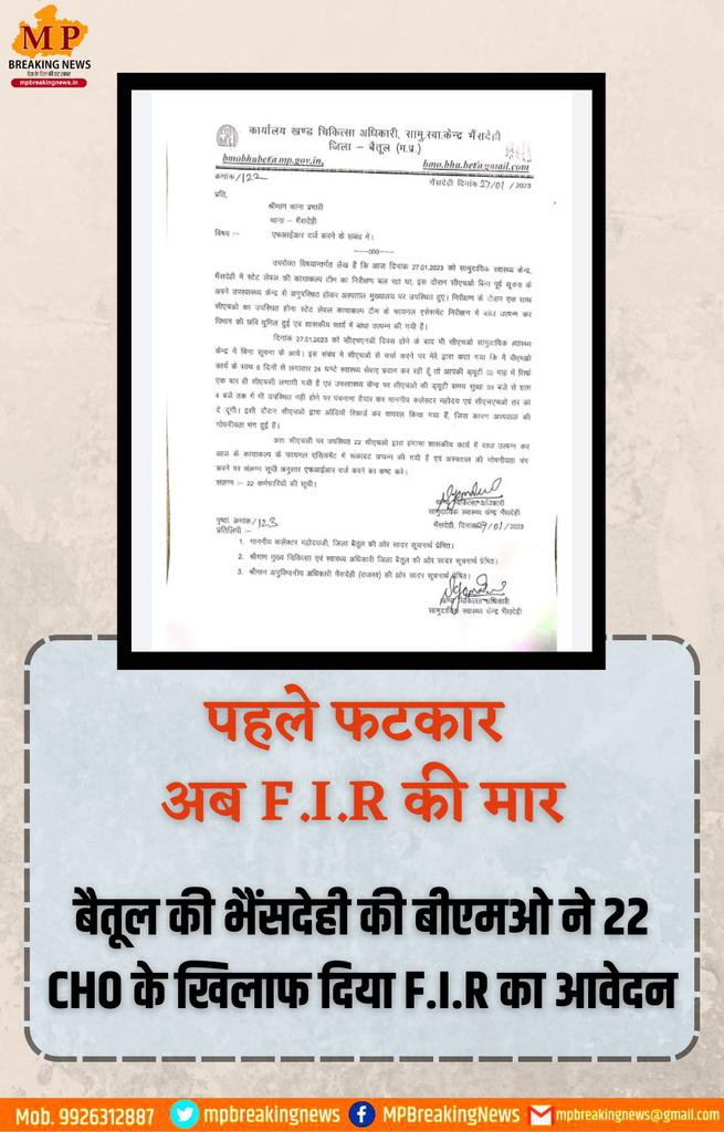 mpbreakingnews's tweet photo. पहले फटकार, अब F.I.R की मार
बैतूल की भैंसदेही की बीएमओ ने 22 CHO के खिलाफ दिया F.I.R का आवेदन...
@CMTA2020 @MOHedump @healthminmp @MPCHO1 @IMAIndiaOrg
@IMAMSNMP @IndianMedAssn
@official_aima @VirendraSharmaG @drmadhavh https://t.co/9UhvoWcDmV