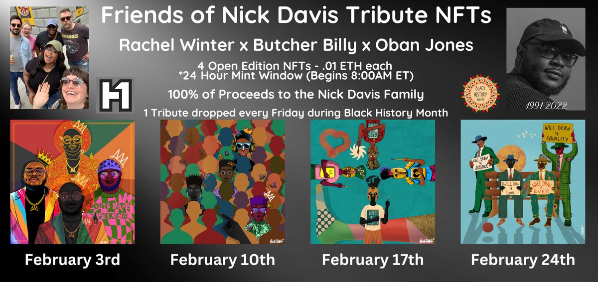 House of First (@houseoffirst) on Twitter photo After Nick's passing, <a href="/billythebutcher/">Butcher Billy</a> x <a href="/rachel__winter/">Rachel Winter (she/they)</a> x @odiscreative created 4 heartwarming tributes to honor our friend.
4 NFTs based on art pieces from Nick's #BlackisBeautifulNFT Collection.
We are dropping 1 Tribute every Friday in Feb for 01 ETH.
24 hour mint window.🧵 After Nick's passing, <a href="/billythebutcher/">Butcher Billy</a> x <a href="/rachel__winter/">Rachel Winter (she/they)</a> x @odiscreative created 4 heartwarming tributes to honor our friend.
4 NFTs based on art pieces from Nick's #BlackisBeautifulNFT Collection.
We are dropping 1 Tribute every Friday in Feb for 01 ETH.
24 hour mint window.🧵