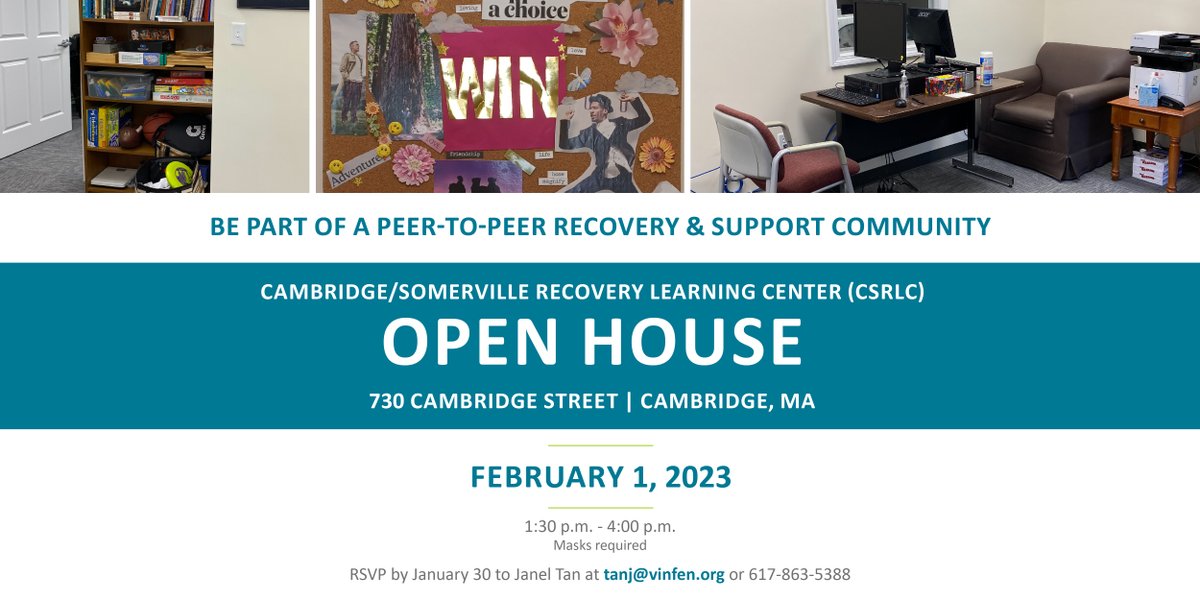 vinfencorp's tweet photo. The Cambridge/Somerville Recovery Learning Center is thrilled to celebrate their new location with an open house! Join us on February 1 to explore the programs, services, &amp; supports offered, meet staff, &amp; spend time with other community members. All are welcome! #peersupport https://t.co/t3de5i9izD