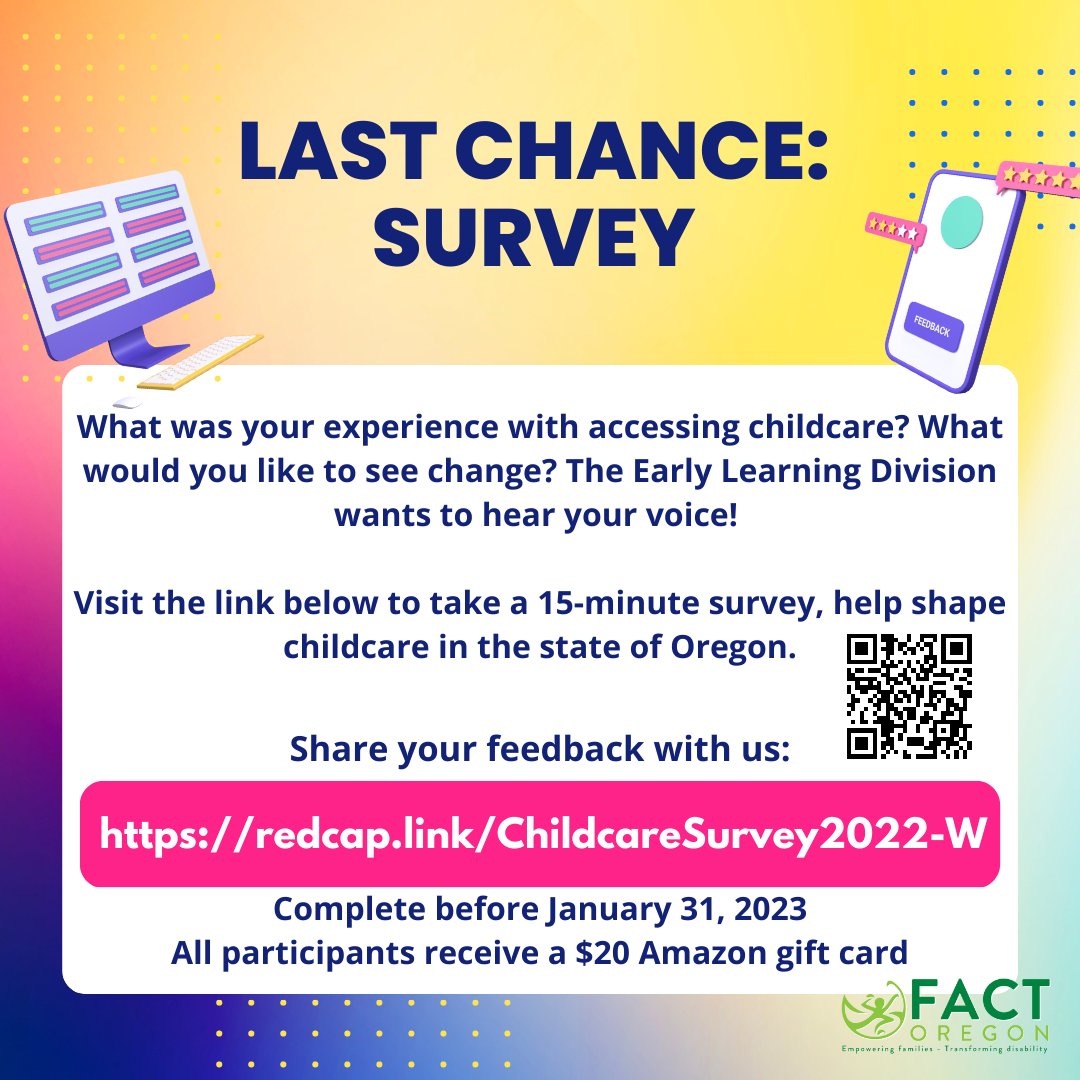 FACTOregon's tweet image. What was your experience with accessing childcare? What would you like to see change?

The Early Learning Division wants to hear from you! All participants receive a $20 Amazon gift card! 

The survey closes on January 31, 2023! 

redcap.link/ChildcareSurve…