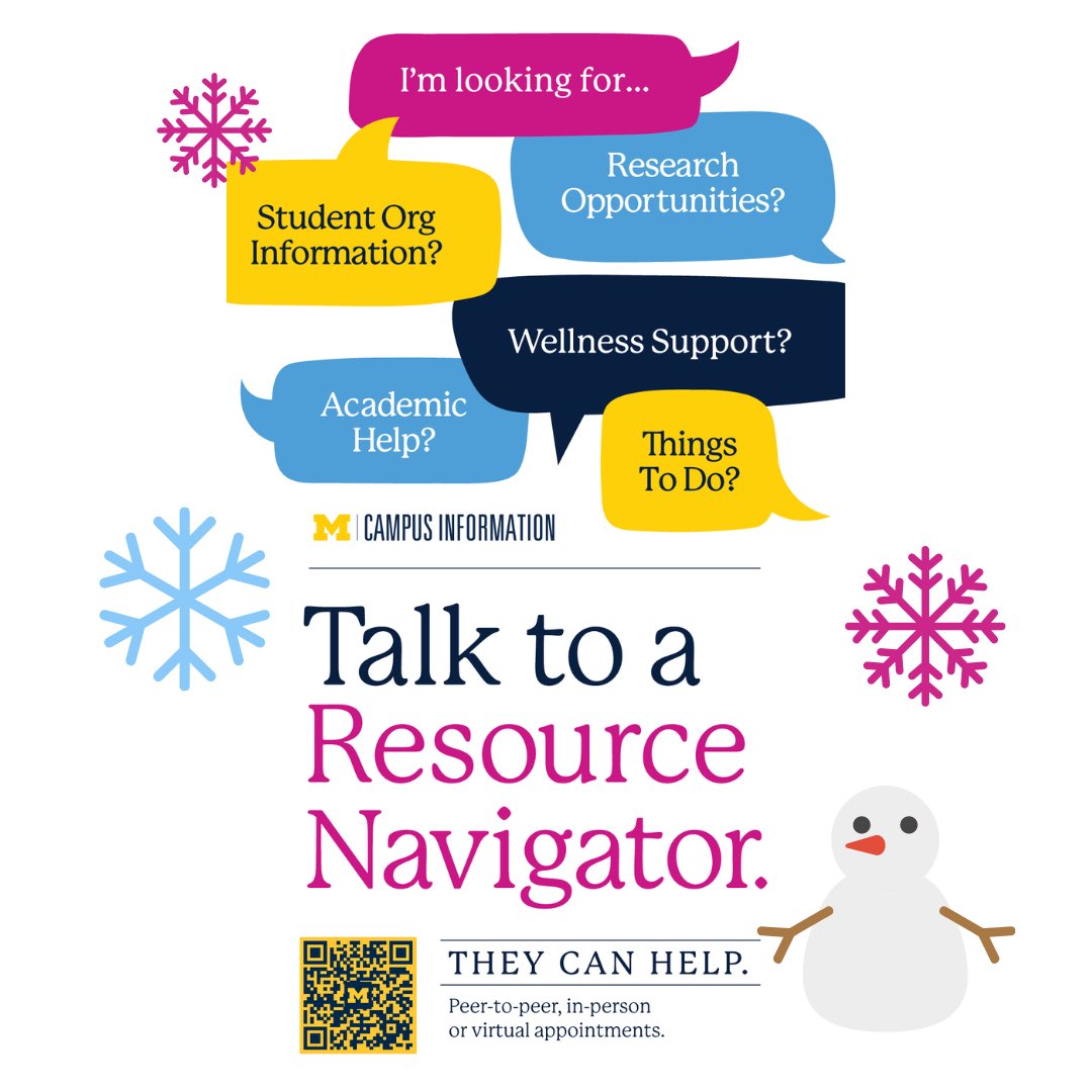 umichcampusinfo's tweet photo. Are you looking for ways to get out of the winter doldrums? Have you already started thinking about spring/summer plans? Resource Navigator appointments are a great place to bounce ideas and think strategically. Talk to us. We can help. (QR code or Bio link.) #ResNavs https://t.co/ACe1wrWApR