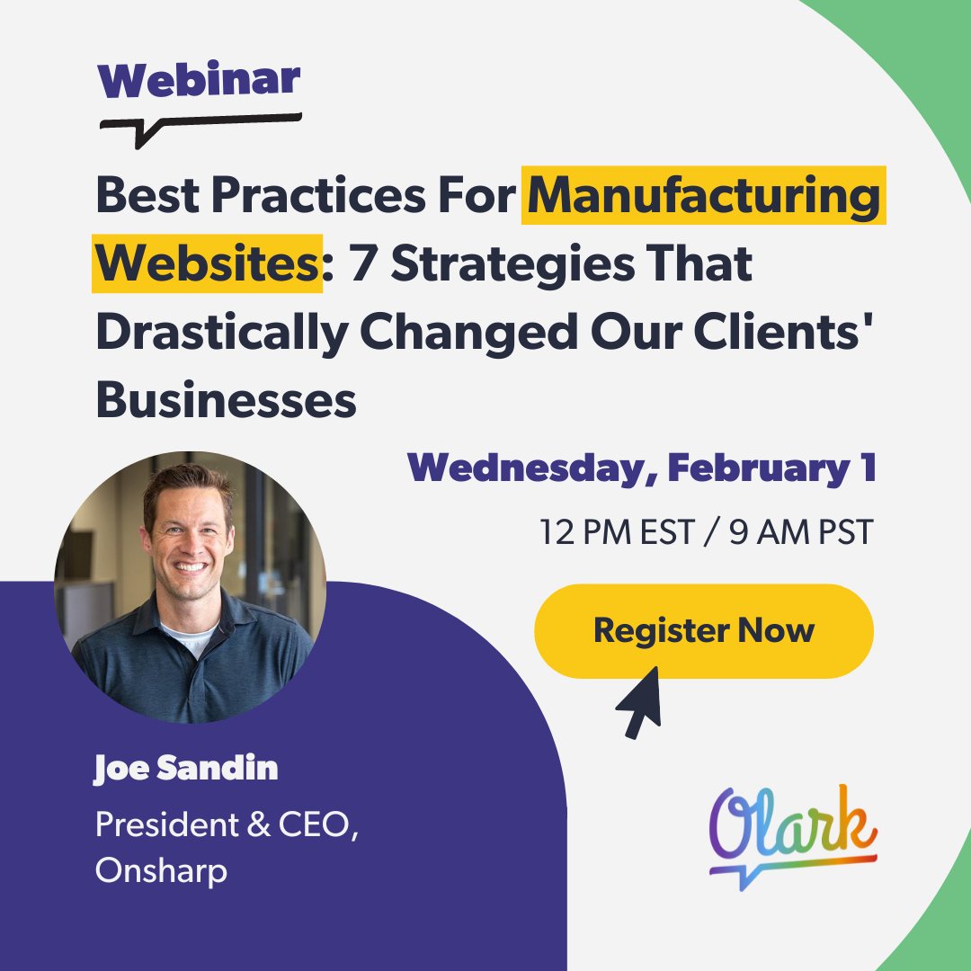 Olark Live Chat (@olark) on Twitter photo Don't make these common mistakes with your manufacturing website! Join our webinar and learn from expert Joe Sandin from <a href="/Onsharp/">Onsharp, Inc.</a> on how to improve your website's performance. Register now -> bit.ly/3Y11zPB
#manufacturingwebsites #bestpractices #growyourbusiness Don't make these common mistakes with your manufacturing website! Join our webinar and learn from expert Joe Sandin from <a href="/Onsharp/">Onsharp, Inc.</a> on how to improve your website's performance. Register now -> bit.ly/3Y11zPB
#manufacturingwebsites #bestpractices #growyourbusiness