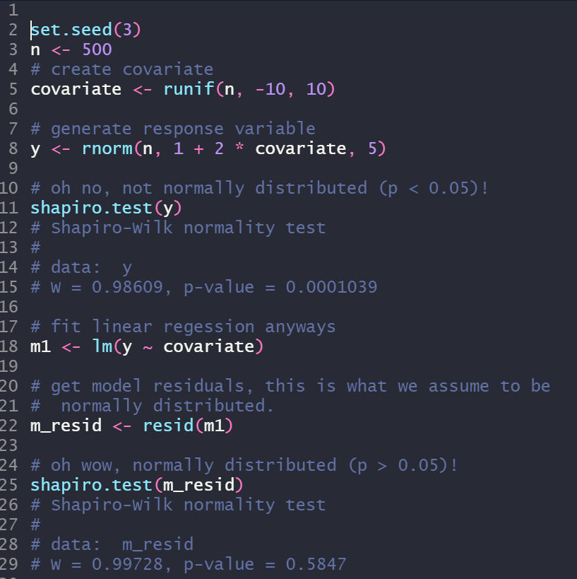 Reviewing a paper that uses a shapiro-wilk test to see if their response variable is normally distributed before using linear regression. This is not necessary! Linear regression does not assume a normally distributed response, it's the residuals that are normally distributed.