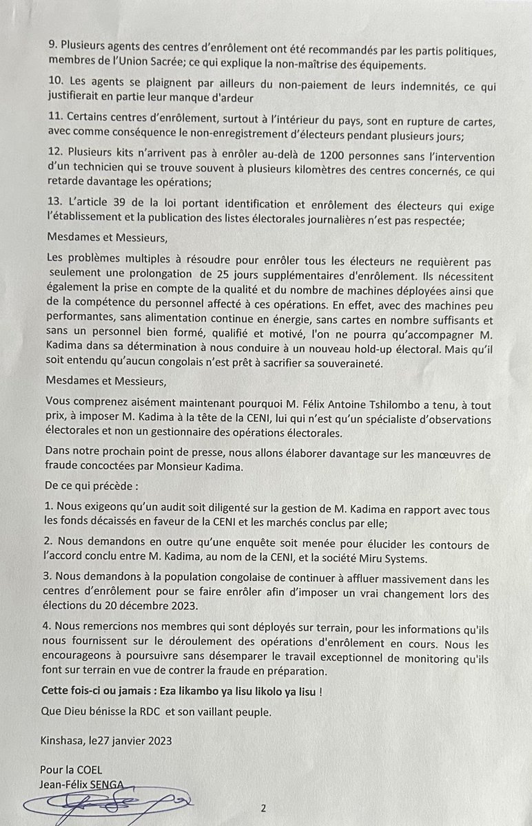 MartinFayulu's tweet photo. Pour la Coordination des Opérations Électorales de Lamuka (COEL), la vérité est que les difficultés rencontrées depuis le début du processus d’enrôlement sont délibérément créées par le président-missionnaire de la #CENI. En fait M. Kadima à planifié le chaos. https://t.co/TwtoRQzyI4