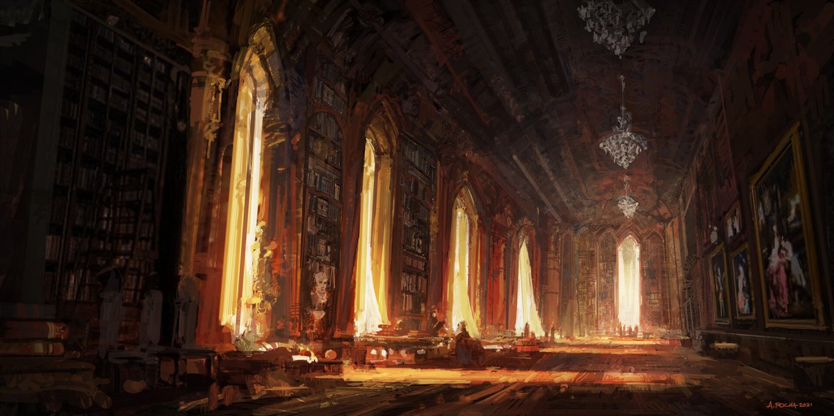 ALONEHEMUSTRIDE's tweet photo. @OfTechAndCodes « ceiling, filled with so many books. paintings align the walls with portraits of past lords and ladies of the keep. meanwhile, the furniture is not sparse either, and a gigantic chandelier is perched atop everything else.

"i have kept my promise to you, little firehead," » https://t.co/Gn5eWPukWe