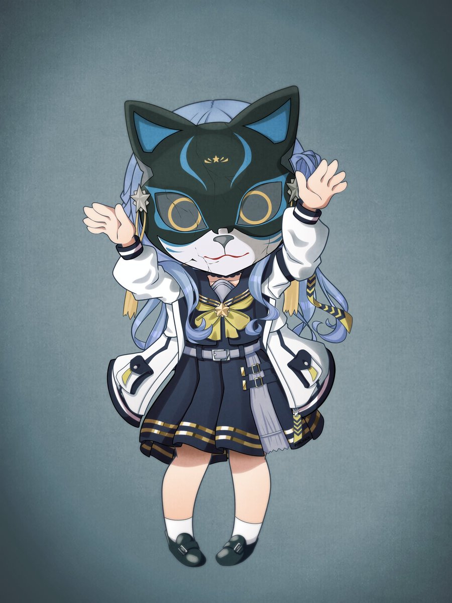 hoshimachi suisei 1girl solo mask chibi jacket skirt blue hair  illustration images