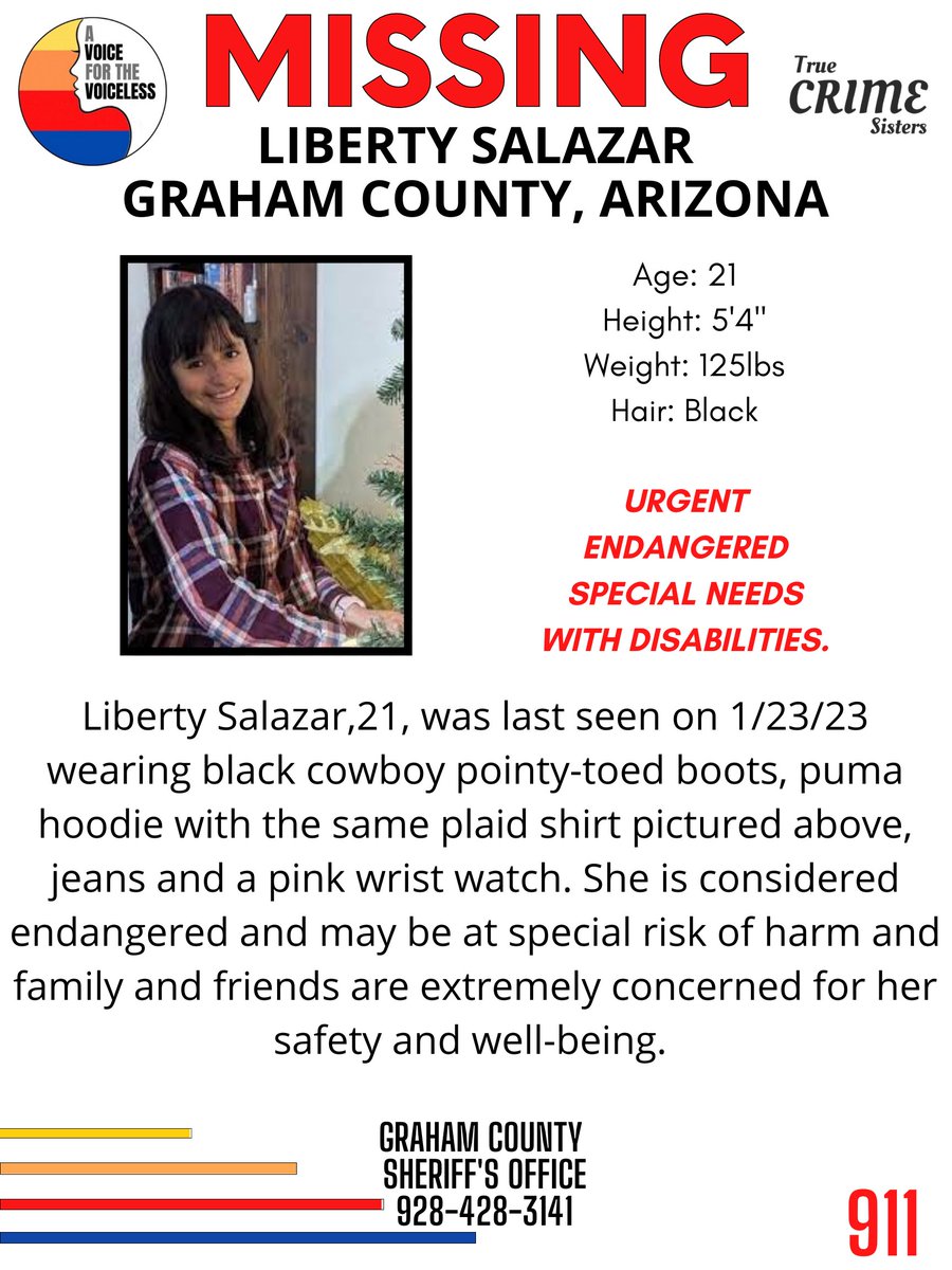 AwarenessTCS's tweet image. PLEASE‼️It only takes one second to share this missing person. 
#LibertySalazar, 21, was last seen on 1/23/23 in #GrahamCounty #Arizona wearing black cowboy pointy-toed boots, puma hoodie with the same plaid shirt pictured above, jeans and a pink wrist watch.