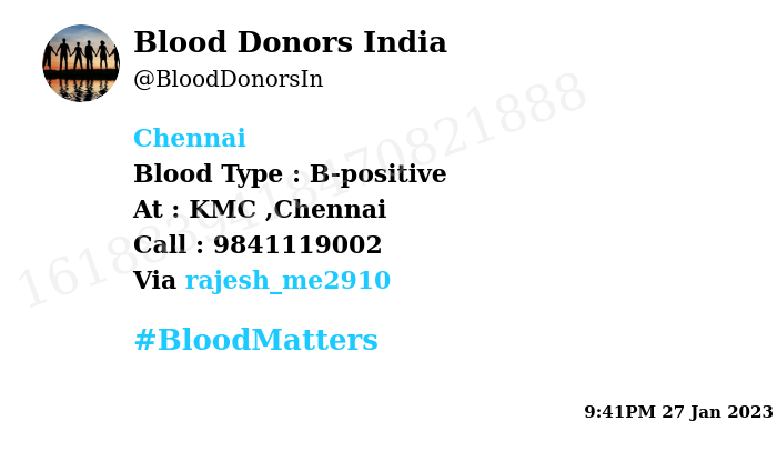 #Chennai
Need #Blood Type :  B-positive
Blood Component : Blood
Number of Units : 6
Primary Number : 9841119002
Secondary Number : 9841768080
Patient : Jamaal Hussain
Illness : Burns
Via: <a href="/rajesh_me2910/">Rajeshkumar</a>
#BloodMatters