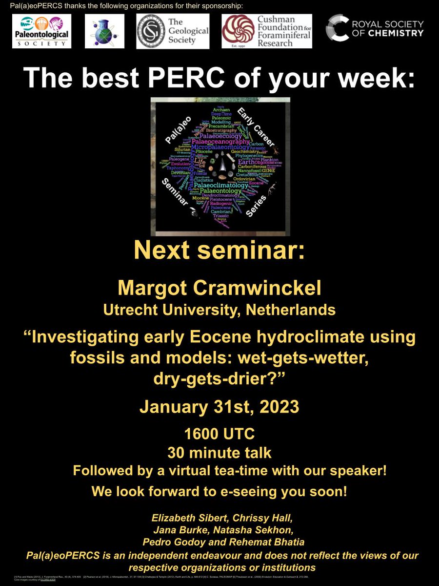 Join us next week for another awesome edition of Pal(a)eoPERCS! Margot Cramwinckel (@MargotCram) from Utrecht University will be giving a talk entitled, "Investigating early Eocene hydroclimate using fossils and models: wet-gets-wetter, dry-gets-drier?" at 1600 UTC on Tuesday!