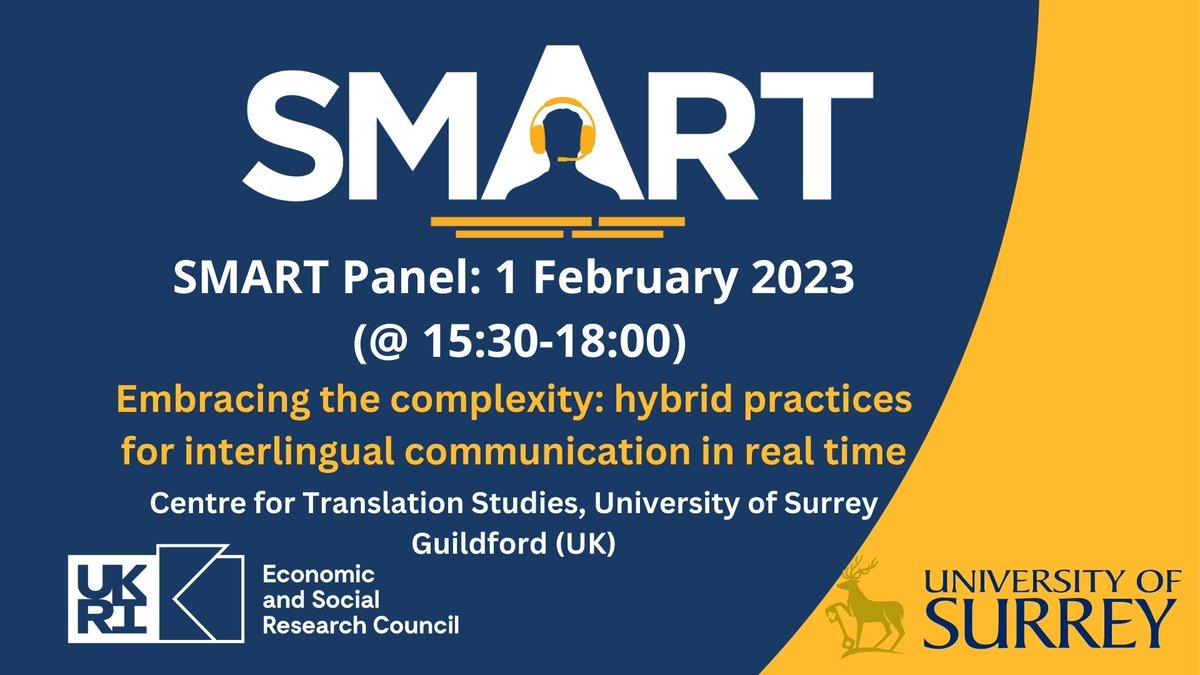Join us for our @SMART Panel as part of the #Convergence23. We will discuss our project and the present and future of hybrid practices for live interlingual speech-to-text with input from invited speakers. Please register: surrey.ac.uk/centre-transla…