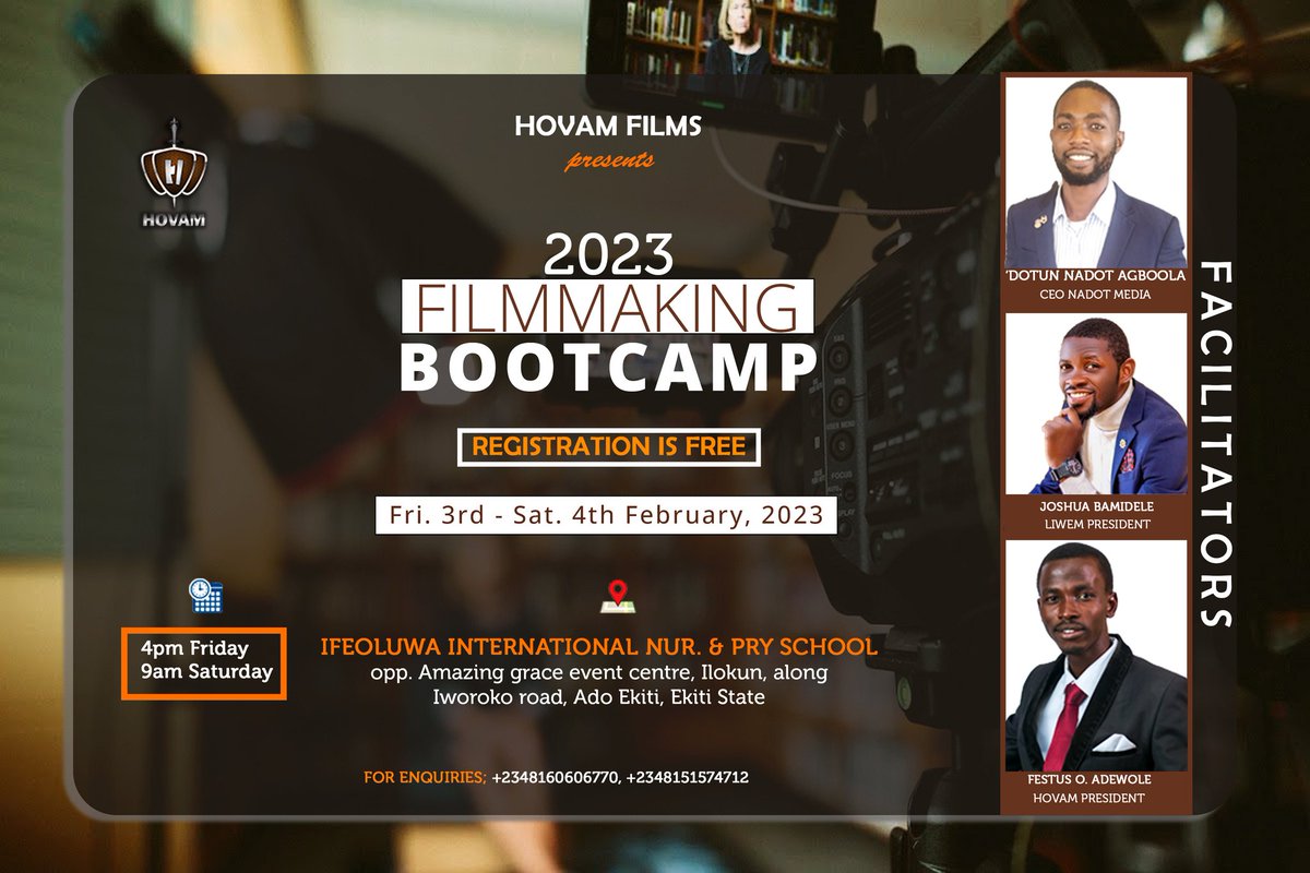 FESTUSADEWOLE's tweet photo. Are you ready?
This year's edition is going to be massive! Yahweh is set time sharpen the edge of our sword for the battle that yet lies ahead.
Mark you calendar and share with your friends in and around ADO EKITI
#hovamfilms #2023FILMMAKINGBOOTCAMP #HOVAM #godisaliar https://t.co/QoRZKbbYNQ