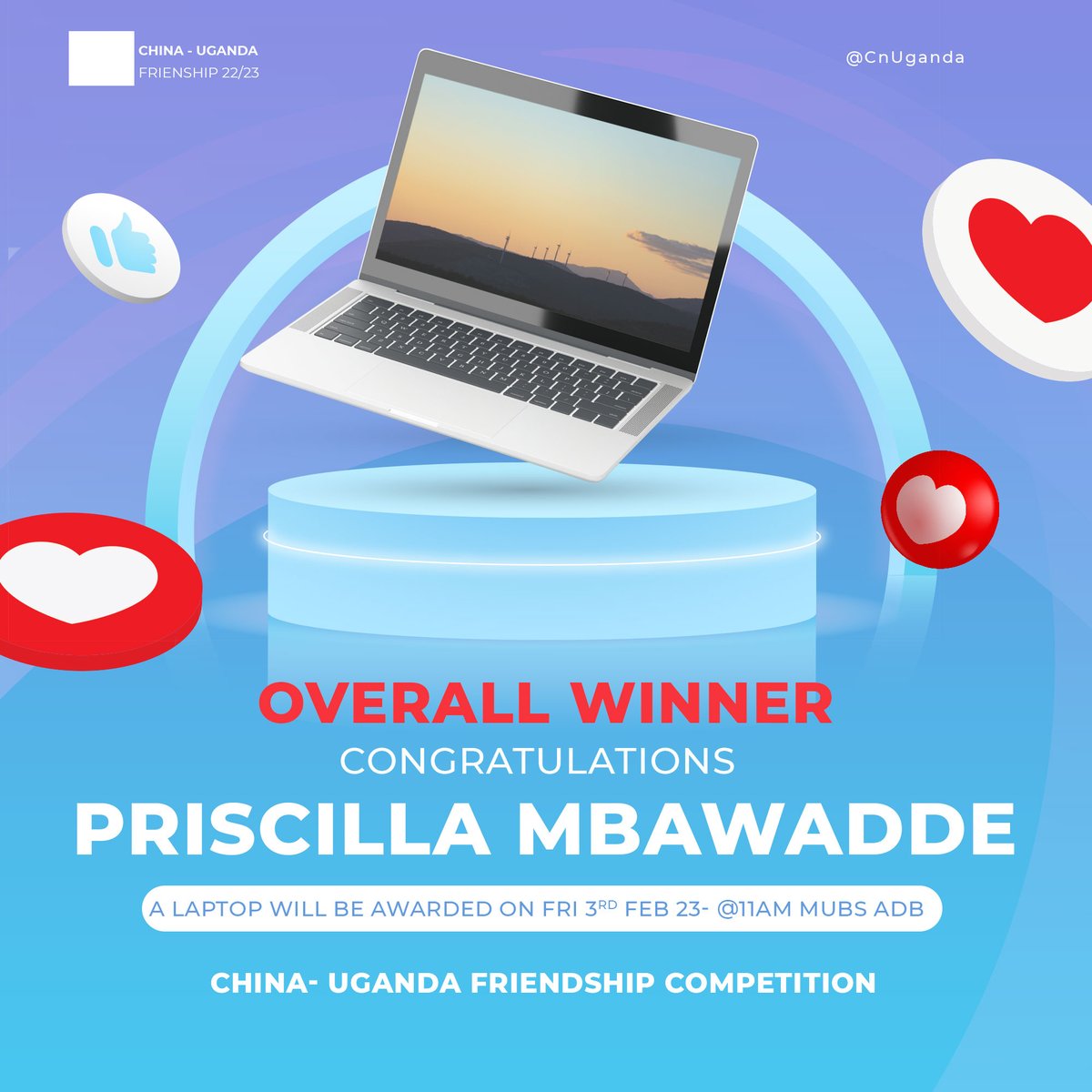 CnUganda's tweet photo. Congratulations to Priscilla Mbawadde for coming out on top as the overall winner of the online competition! Out of 206 participants, you have emerged victorious and won a brand-new laptop! @Annorapriscy Your knowledge of China-Uganda relations is truly impressive. https://t.co/OMnQm1PlSg