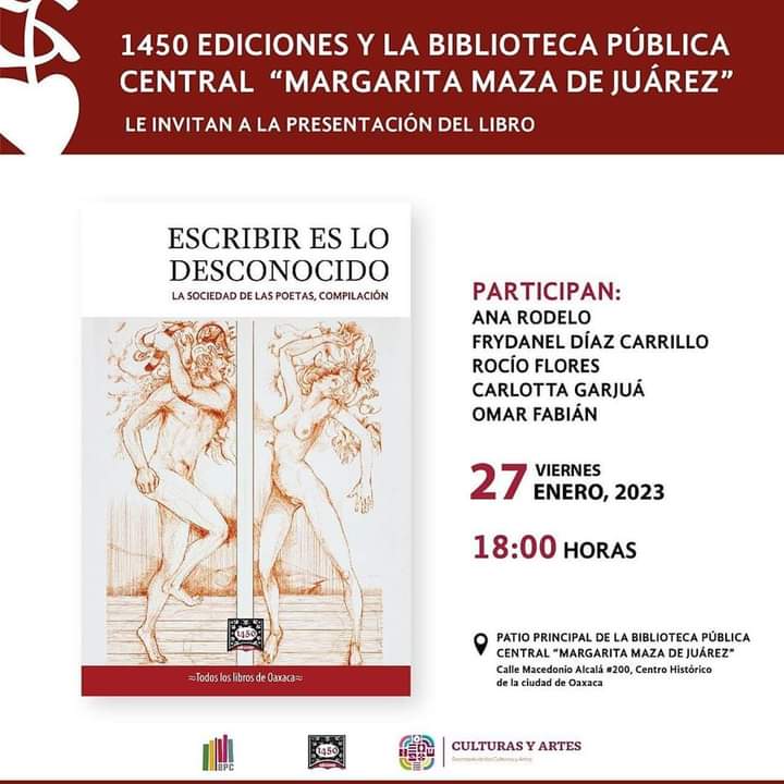SerendipiaOax's tweet photo. ¡HOY!

Presentación del libro: Escribir es lo desconocido, a las 18 horas en la @BPC_Oaxaca "Margarita Maza de Juárez" 

#Oaxaca #arte #cultura @SECULTA_GobOax https://t.co/kPtGF1y9z2