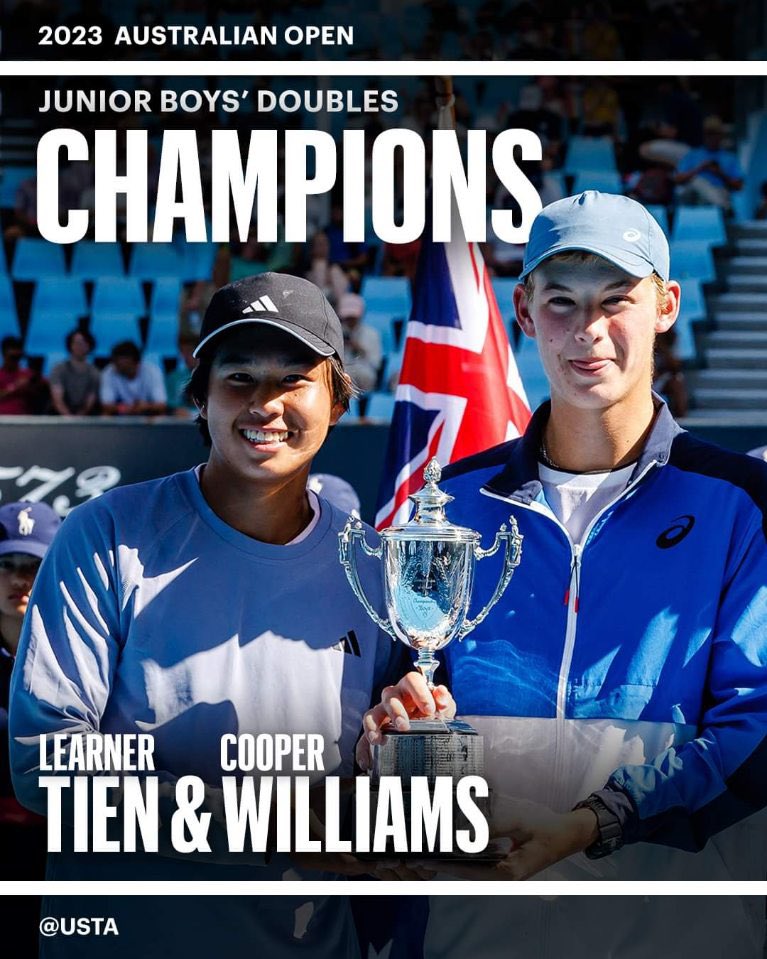 Major congratulations to this Majors Champion! Irvine’s Learner Tien has claimed victory in the Boys’ Doubles final with partner Cooper Williams. 

Watch him battle for the Boys’ Singles title tonight on Rod Laver Arena! 

#AO2023 #TeamSoCal #AustralianOpen #AusOpen