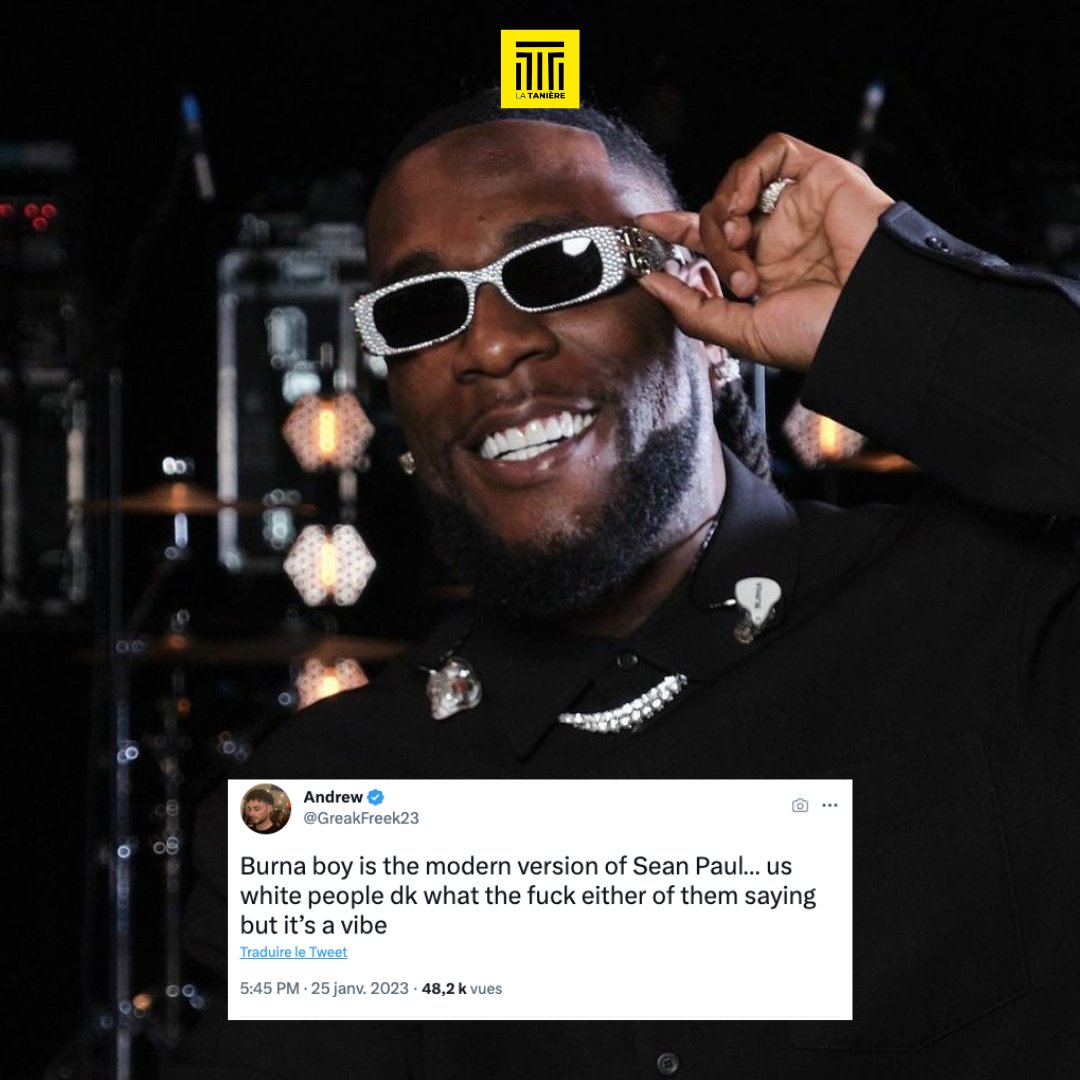 Selon @GreakFreek23 "<a href="/burnaboy/">Burna Boy</a> est la version moderne de Sean Paul nous, les Blancs, nous ne savons pas ce qu'ils disent b*rd*l mais c'est une ambiance".
Bon que pouvons-nous ajouter après cet aveu ?
Que dire ?

À part que YE est platine aux US 🇺🇲
#LaTanière
#ForTheCulture
🟨⬛