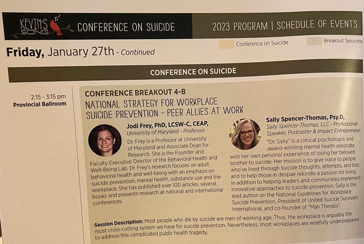 ManTherapyMI's tweet photo. 📆Today at 2:15 PM EST, Dr. @JodiJFrey and Dr. 
@sspencerthomas present on @WorkSuicidePrev at @kevins_song conference on suicide https://t.co/vwsJ0QMJf3