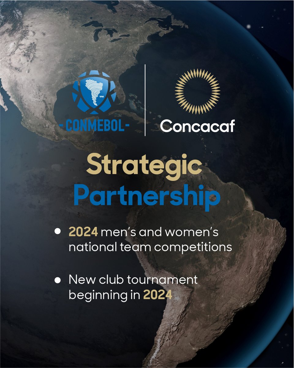 Concacaf's tweet image. Conmebol and Concacaf have signed a strategic collaboration agreement to strengthen and develop football in both regions.

→ 2024 CONMEBOL Copa America
→ 2024 Concacaf W Gold Cup
→ New club competition

More info 🔗  ccf.news/3kREMaU