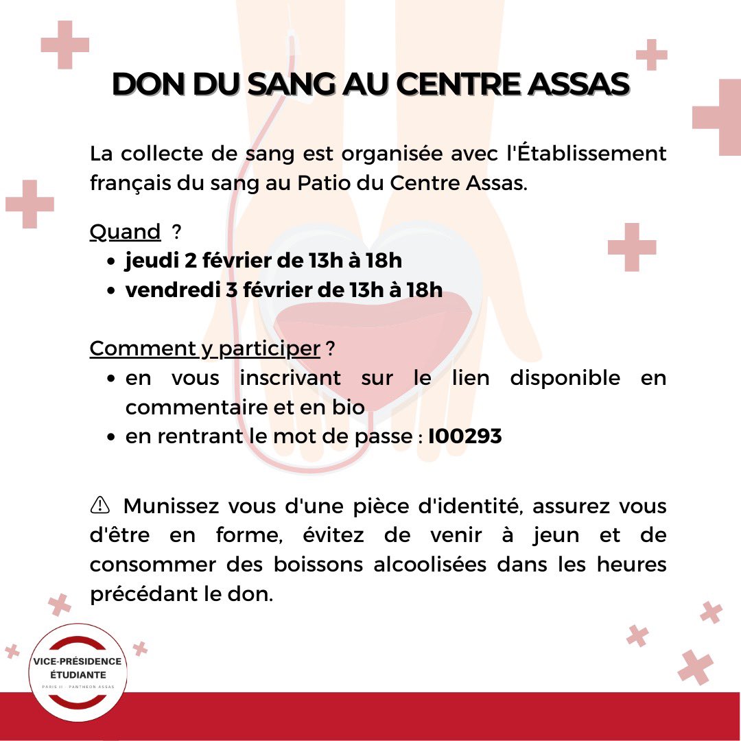 L'Université organise une collecte de sang le jeudi 2 février et le vendredi 3 février.  Pour y participer, cliquez sur ce lien : mon-rdv-dondesang.efs.sante.fr/collecte/69394…. Le mot de passe pour s'inscrire est I00293.