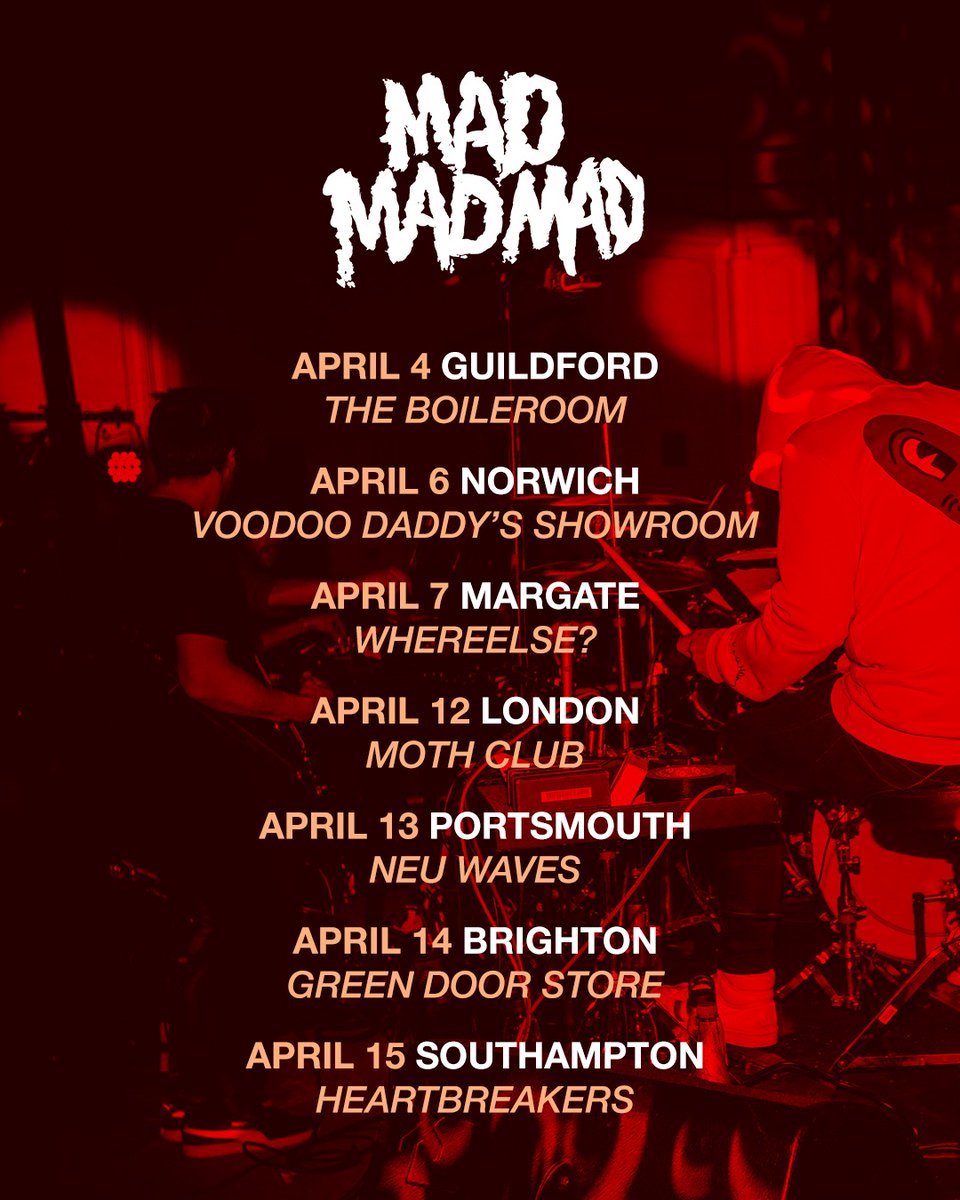 Earth Agency (@earth_agency) on Twitter photo Strange things are coming to a town near you!! @madmadmadmusic are going on tour.
<a href="/BOILEROOM/">The BOILEROOM</a> <a href="/voodoopizzadude/">voodoodaddys</a> #elsewheremargate <a href="/Moth_Club/">MothClub</a> <a href="/BadVibesUK/">Bad Vibrations</a> #neuwavesportsmouth <a href="/greendoorstore/">Green Door Store</a> <a href="/formpresents/">FORM</a> #heartbreakerssouthampton
Tickets here madmadmadmusic.com/live.html Strange things are coming to a town near you!! @madmadmadmusic are going on tour.
<a href="/BOILEROOM/">The BOILEROOM</a> <a href="/voodoopizzadude/">voodoodaddys</a> #elsewheremargate <a href="/Moth_Club/">MothClub</a> <a href="/BadVibesUK/">Bad Vibrations</a> #neuwavesportsmouth <a href="/greendoorstore/">Green Door Store</a> <a href="/formpresents/">FORM</a> #heartbreakerssouthampton
Tickets here madmadmadmusic.com/live.html
