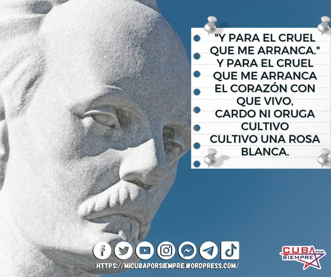 CdiPMorrocha's tweet photo. „El amor, madre, a la patria no es el amor ridículo a la tierra, ni a la yerba que pisan nuestras plantas; Es el odio invencible a quien la oprime, es el rencor eterno a quien la ataca“
#MartianosHoy #MartíEntreNosotros #NuestroMartí, @cubacooperaven #CubaPorLaVida #JuntarYVencer https://t.co/0K3TU3uxCM