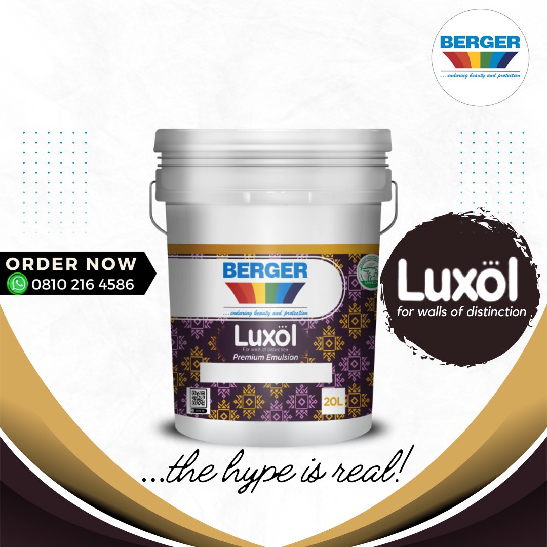 Bergerpaintsng's tweet photo. Enjoy Luxury with Luxol Premium Emulsion.
The hype is real!
#BergerPaints
#ExperienceQuality https://t.co/4qalTUb7nW