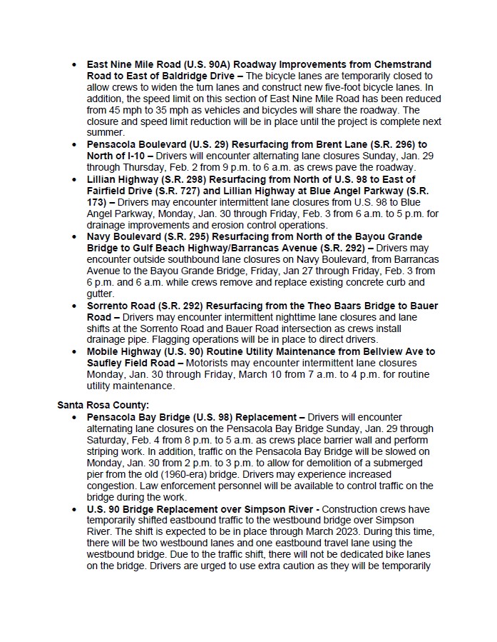 MyFDOT_NWFL's tweet photo. ESCAMBIA &amp; SANTA ROSA – Drivers will encounter traffic disruptions on the following state roads in Escambia &amp; Santa Rosa Counties as crews perform construction and maintenance activities. 
#NWFLtraffic https://t.co/hngA7LodQc