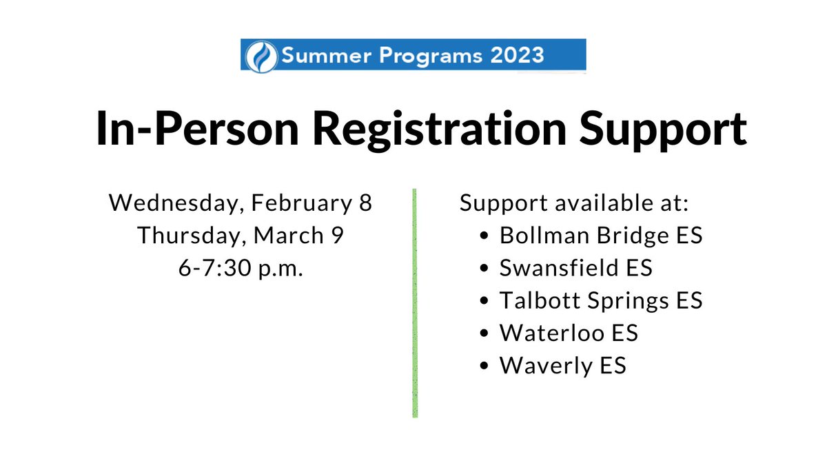 Looking to register for HCPSS 2023 Summer Programs? We can help! Check out our in-person registration support sessions, being held at several HCPSS elementary schools on Wednesday, February 8 and Thursday, March 9 from 6:00-7:30 p.m. news.hcpss.org/news-posts/202…