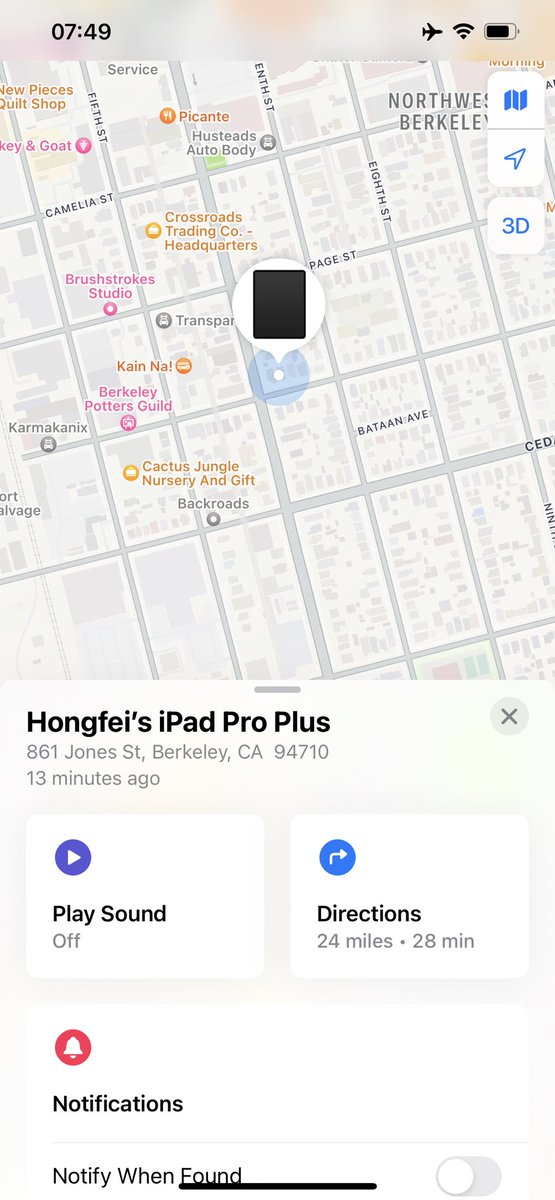 hfwang41's tweet photo. Charging iPad @N20/Sea-Tac Jan.26. It end up at OAK California @11:17pm, then rest at 861 Jones Street, Berkeley, CA 94710. 

Likely a passenger of Alaska 1152 left N20@9:13pm to OAK@11:11pm took it. Unlike Good American’d send to Lost&amp;Found.

Now how can I get it back?🙉🙈🙊🐒 https://t.co/hwhTZVFUGN