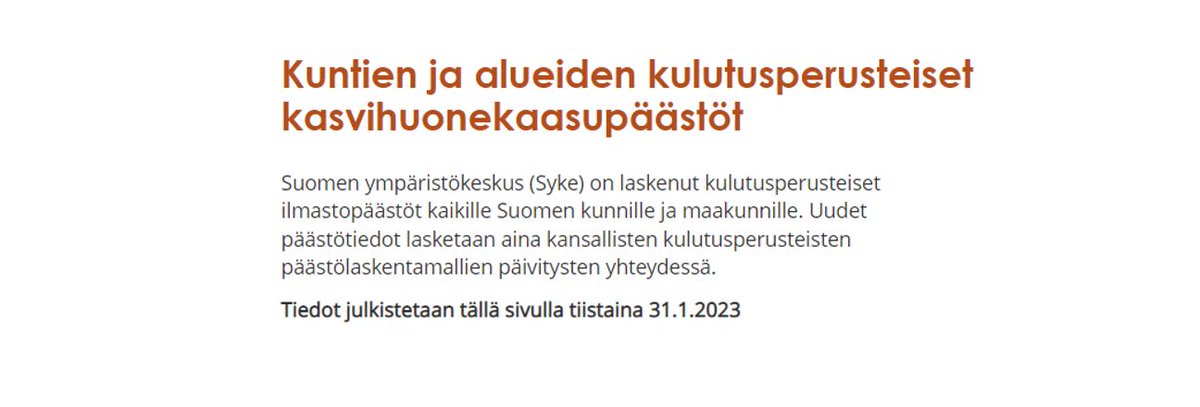 Se on sellanen homma, että ens tiistaina julkaistaan ekaa kertaa tietoja kaikkien Suomen kuntien kulutusperäisistä khk-#päästö'istä. #hinku  hiilineutraalisuomi.fi/fi-FI/Paastot_…
