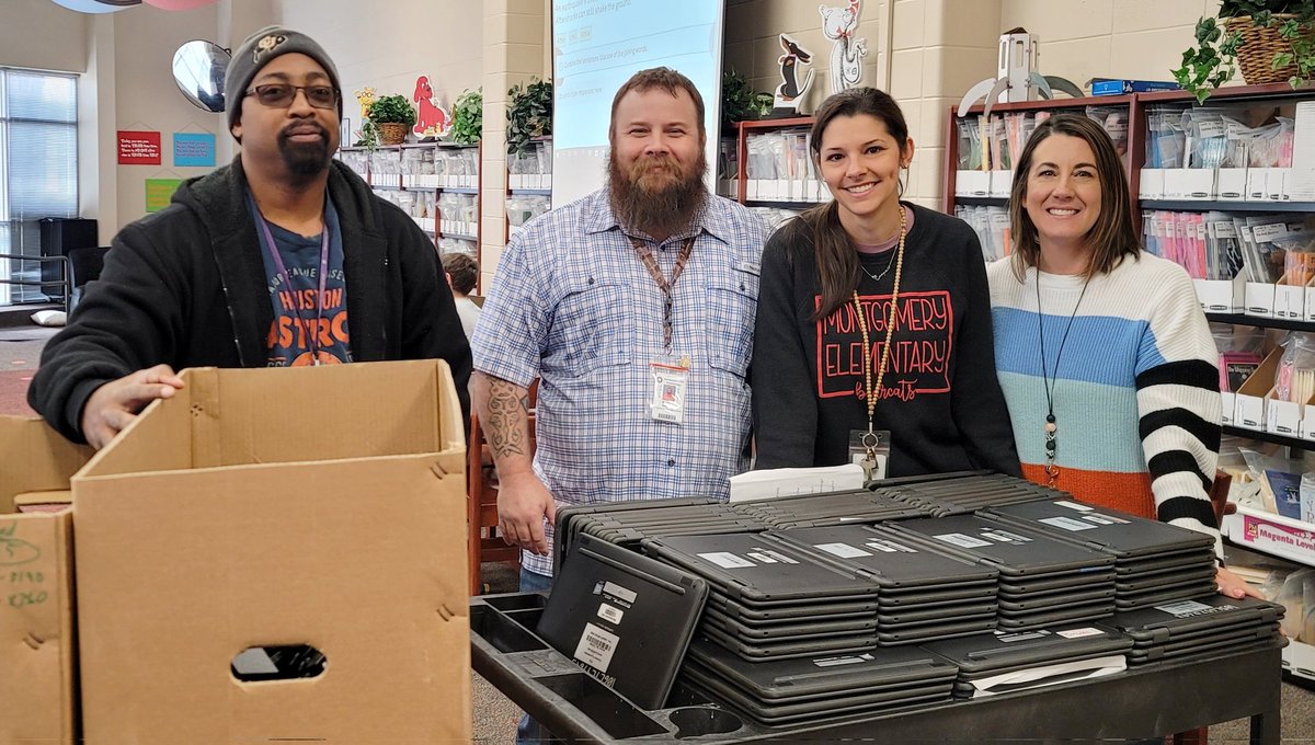 This morning Technology Services were at MES, LES, & SCE to deliver additional laptops!! 💻🥳 #morecomingsoon #closingthegaps @Stewart_Creek @mesbearcats @lincolnmisd @MontgomeryISD