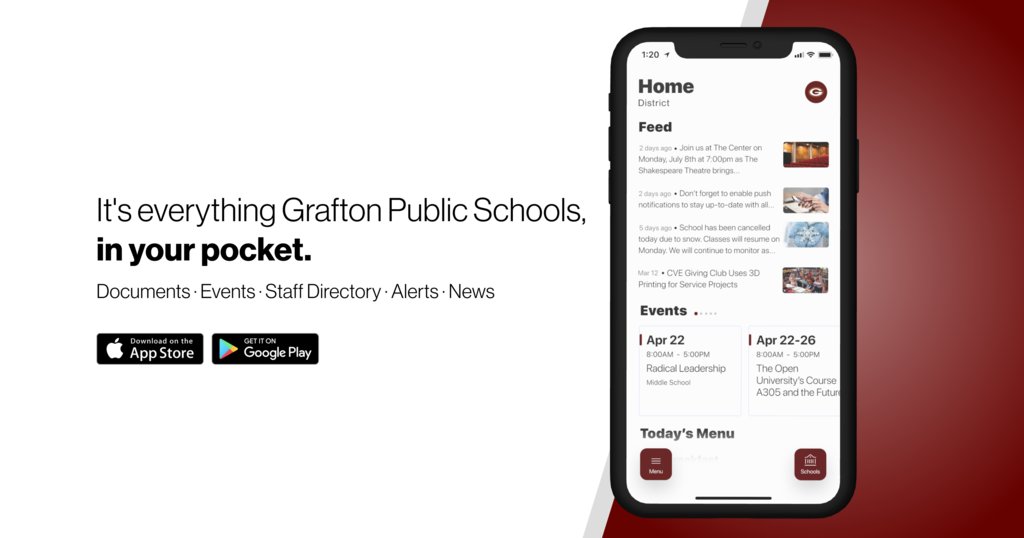 Take advantage of the long weekend and download the new Grafton Public Schools App and stay up to date on the daily menu, events, news, life feed posts and Spoiler Athletics. Go Spoilers!