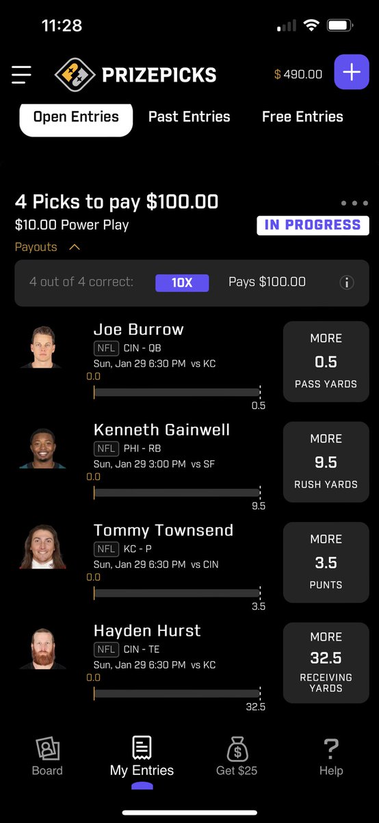 Burrow free square play while I wait for my flex play. Gainwell looked explosive and played early last game, I think he easily gets 9.5. I expect Chiefs to get off to a slow start with 2 punts early, Mahomes is a big mystery. Burrows been slinging it to Hurst as a safety blanket!
