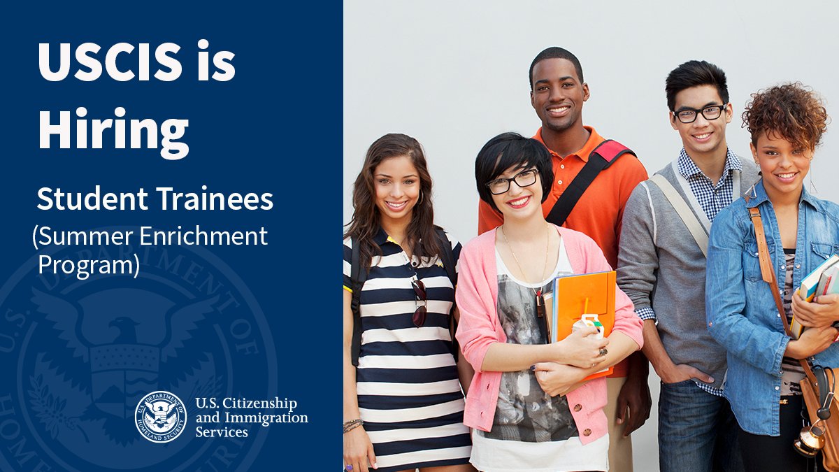 USCIS's tweet image. USCIS is hiring students to join our team for in-person, paid internship opportunities in the Washington, DC area this summer. Be on the lookout - the job opportunity announcement will appear on @USAJOBS in the coming week! #JoinUSCIS #SummerInternships #PaidInternship