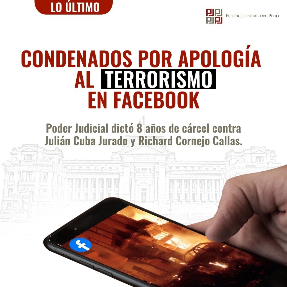 Corte Superior Nacional dictó dos condenas efectivas por apología al #terrorismo contra ciudadanos que usaron sus perfiles de Facebook para enaltecer y justificar las acciones terroristas del cabecilla de Sendero Luminoso, #AbimaelGuzmán. Leer: bit.ly/3JkV2Lv (1/2)