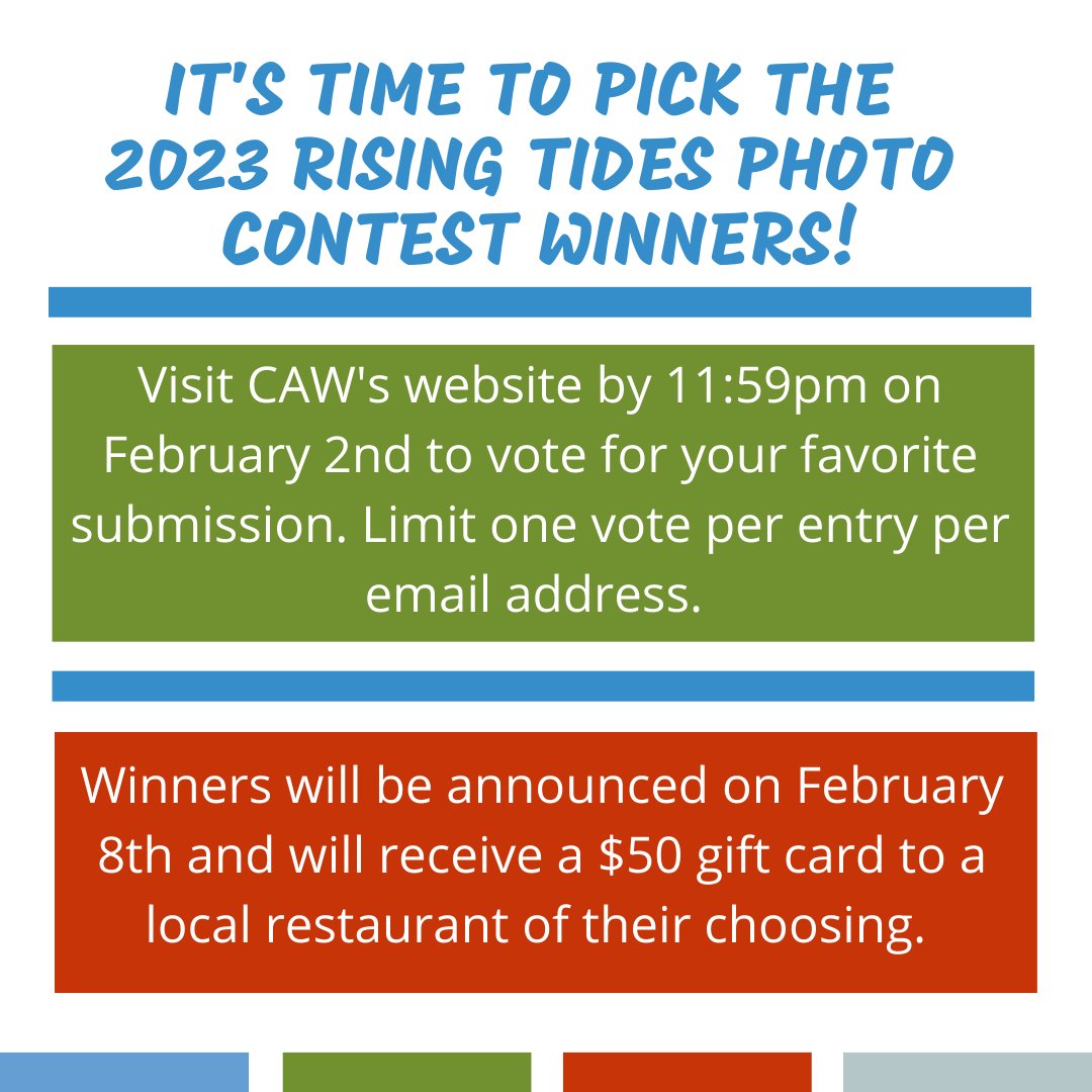 The 2023 Rising Tides Photo Contest submissions are in and now it's time for you to be the judge! Visit woobox.com/72bzhf before 11:59pm on February 2 to browse the submission galleries for each of the contest categories. Limit one vote per entry per e-mail address.