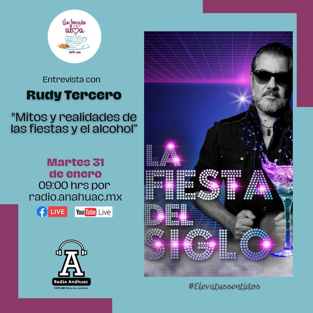 RadioAnahuacAM's tweet photo. #Transmisión "Mitos y realidades de las fiestas y el alcohol", este #martes te lo diremos en #UnBocadoParaelAlma que conversará con Rudy Tercero. @rudy3f
¡Acompáñanos!
🕔 9:00 por:
💻 https://t.co/JMqVXnH3HM
🔵 Facebook https://t.co/LFuGzj1pq5 https://t.co/PDDSSozklC
