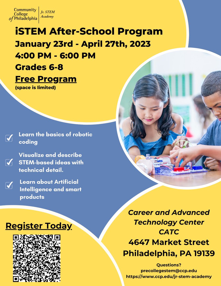 WestPhillyPN's tweet photo. CCP’s iSTEM after-school program is now open.🎒🎉 Enroll your middle schooler for a fun intro to robotic coding, STEM learning, and more! You can register at the link below.

https://t.co/tR2mNTXicd https://t.co/l6nvpTEIg0