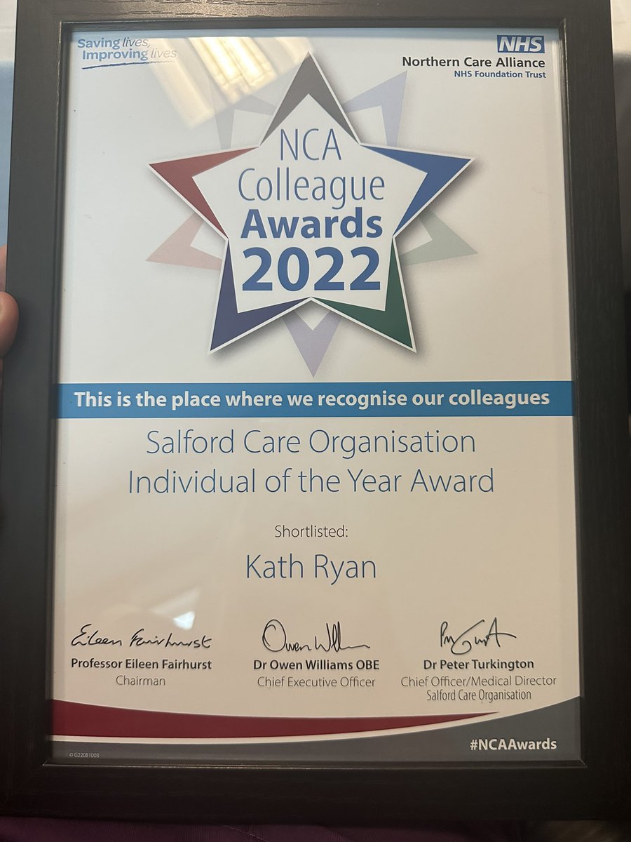 Hugely proud of our very own Kath Ryan on being shortlisted for Individual of the the year award!!! You didn’t win.. but even getting shortlisted was an achievement in its self! You’re an inspiration to all of us! <a href="/SalfordCO_NHS/">Salford Care Organisation</a>