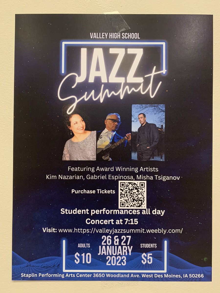 VHSTL's tweet photo. WHAT’S GREAT TODAY?  Grammy winner Kim Nazarian and internationally renowned musicians Gabriel Espinosa and Misha Tsiganov serve as guest clinicians at Valley’s Jazz Summit. Concert tonight at 7:00 in the PAC! #vhstigers https://t.co/a8m1bQdCvU