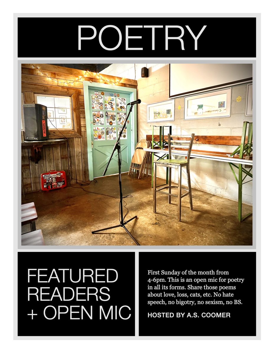 ascoomer's tweet photo. I host @FlywheelBrewing's Poetry Open Mic on the first Sunday of the month from 4-6pm EST. I'll be bringing in featured readers but there will always be an open mic to share those poems you've been working on.
#Poetry #OpenMic #ElizabethtownKY #KentuckyWriters #ASCoomer https://t.co/D39K2W5nBM