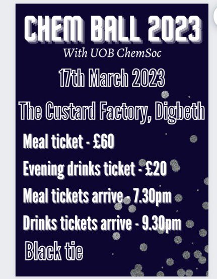 We’re delighted to announce details for Chemball 2023! 🎉🕺🪩 

Get your tickets below 👇 

forms.gle/QDRvRgn6qiGRPC…