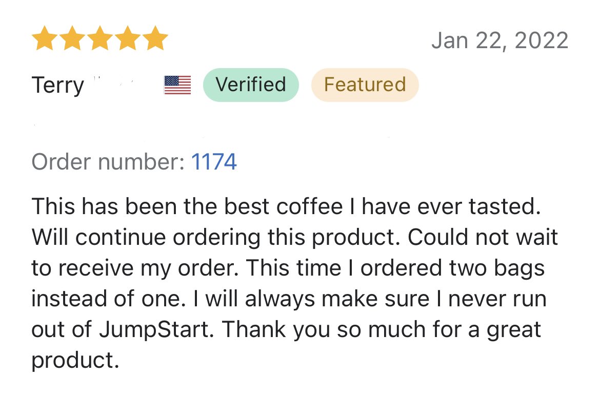 CoffeeJscc's tweet image. It’s another #FiveStarFriday. Thanks Terry for your great review and yes
We are very proud of our #GreatCoffee and our #GreatCause.
Check your rewards balances for savings!
#GetCaffeinated #Coffee #Veterans #Charity #coffeebreak #CoffeeLover