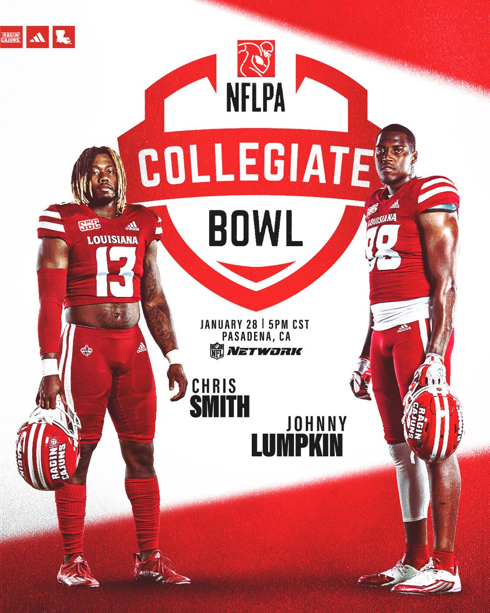 RaginCajunsFB's tweet image. 𝙊𝙣𝙚 𝙇𝙖𝙨𝙩 𝙏𝙞𝙢𝙚

@smizzyy13 and @johnnylumpkin88 represent the #cULture tonight at 5 p.m. in the @NFLPABowl!

#GeauxCajuns